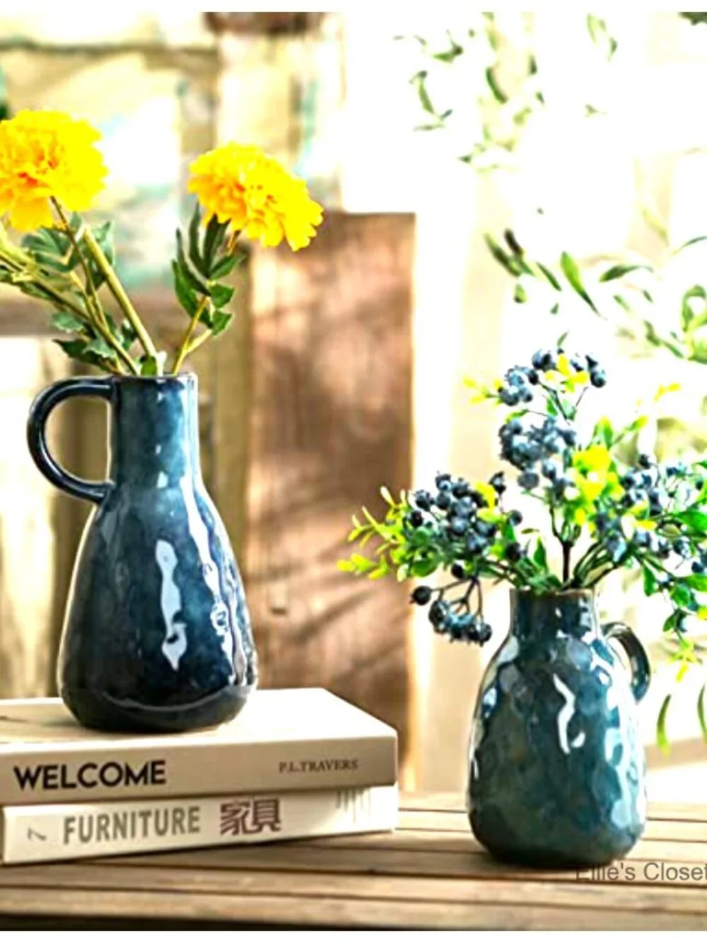 Blue Glazed Ceramic Vase Set of 2 with Handles, Farmhouse Decor, Centerpiece